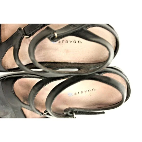 Aravon Sandals Women's sz 9.5 Black Leather Comfort Strappy Heel - Picture 6 of 6
